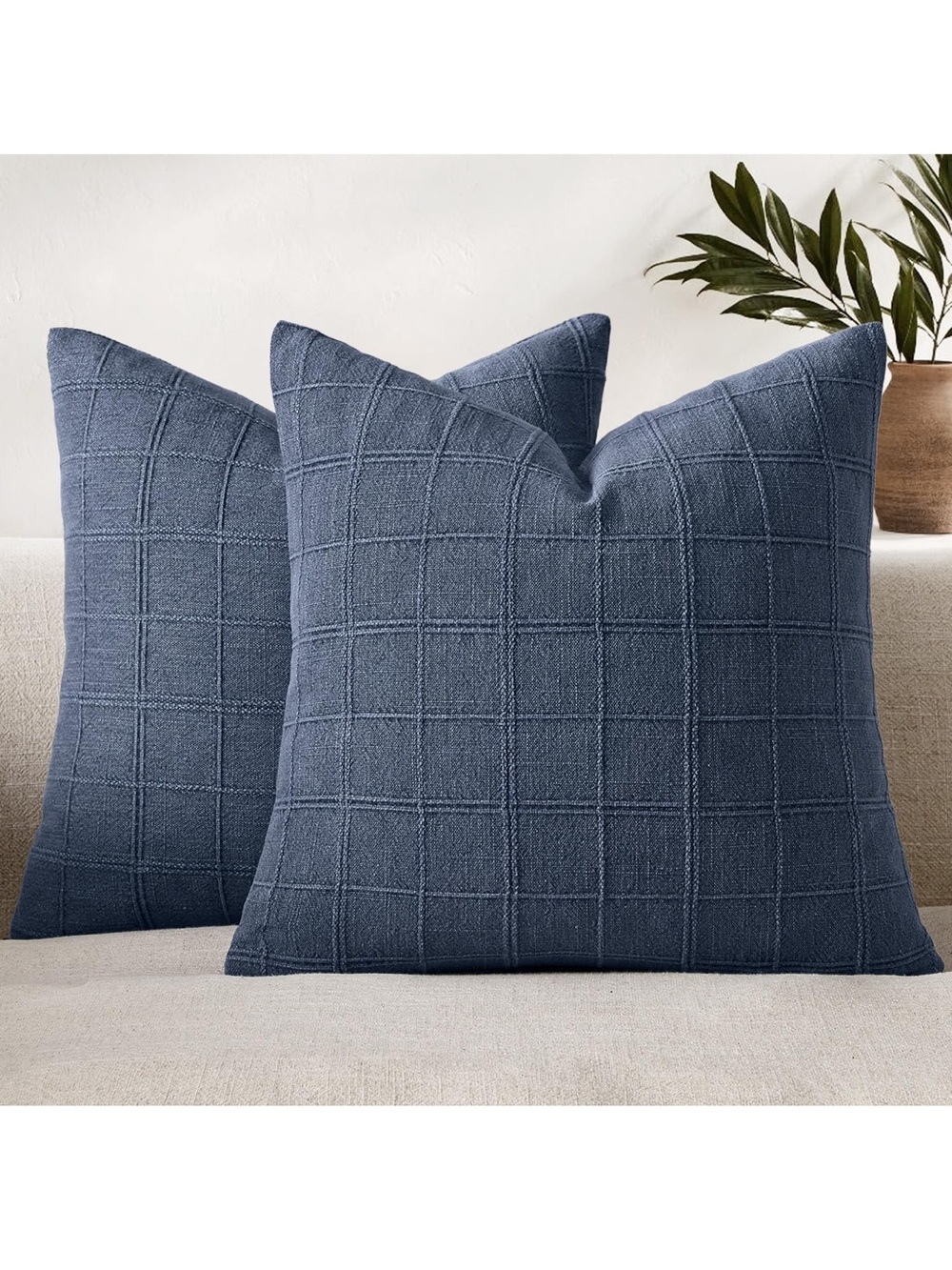 Linen Check Throw Pillow Covers Dark Blue Farmhouse Modern Boho Vintage Coastal